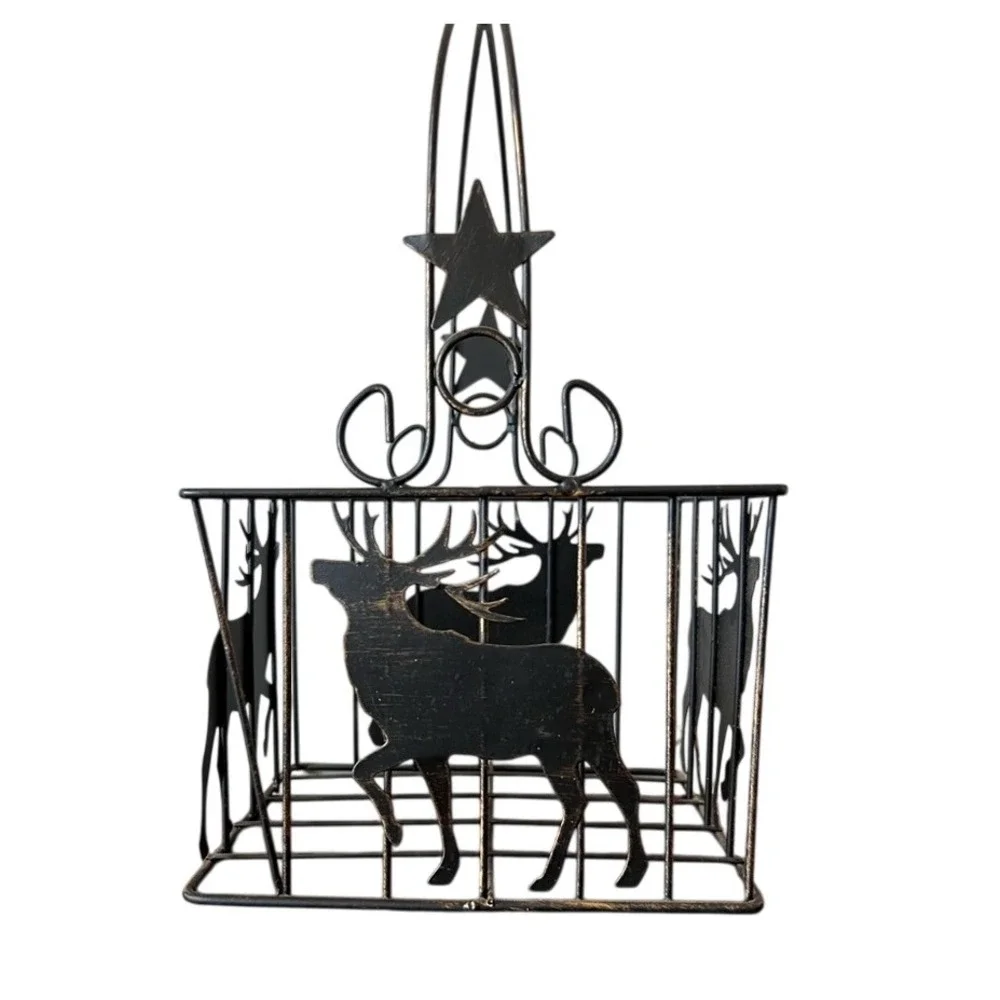 Rustic Metal Reindeer Christmas Basket Star Handle Black Distressed 12in‎